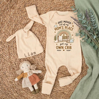 Personalized Baby Bodysuit Just Moved Out of Mom’s Place Own Crib Design Newborn Outfit Cotton Coming Home Gift Boho Rainbow Colors