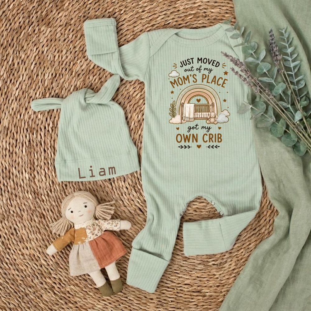 Personalized Baby Bodysuit Just Moved Out of Mom’s Place Own Crib Design Newborn Outfit Cotton Coming Home Gift Boho Rainbow Colors