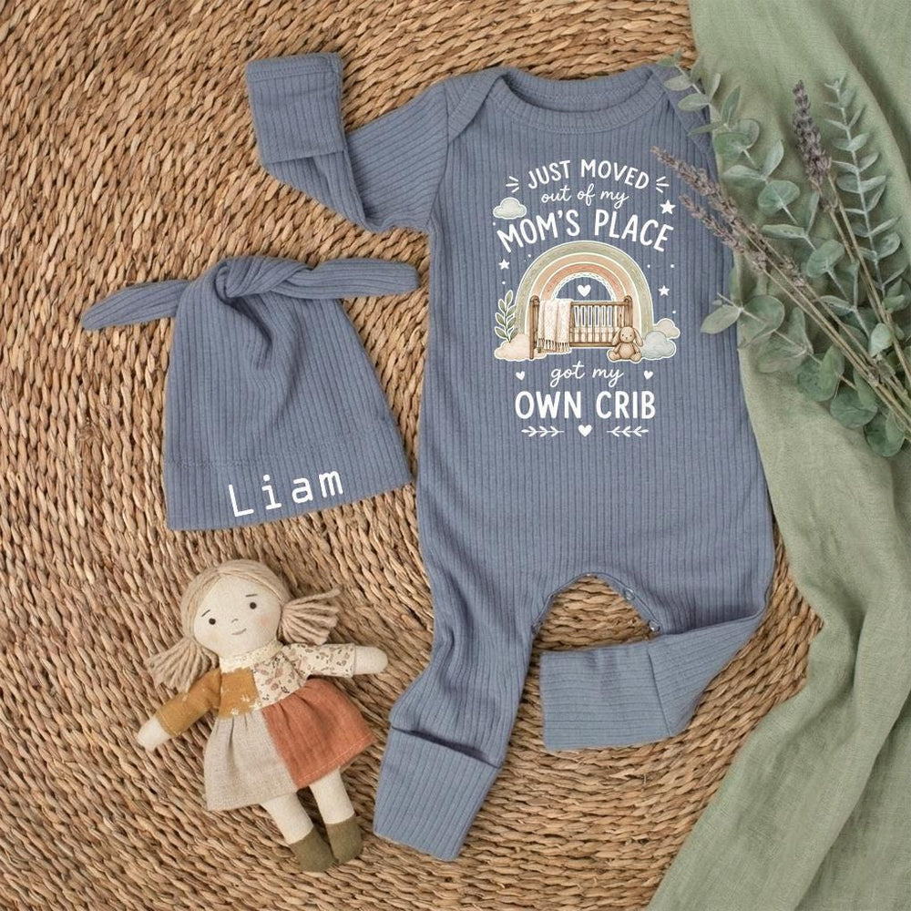 Personalized Baby Bodysuit Just Moved Out of Mom’s Place Own Crib Design Newborn Outfit Cotton Coming Home Gift Boho Rainbow Colors