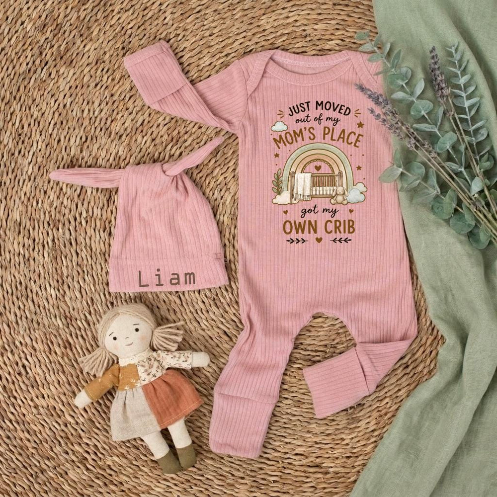Personalized Baby Bodysuit Just Moved Out of Mom’s Place Own Crib Design Newborn Outfit Cotton Coming Home Gift Boho Rainbow Colors