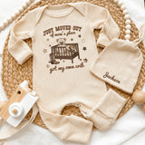 Personalized Baby Bodysuit 'Just Moved Out of Mom's Place', Beige Cowboy Theme Outfit with Custom Name Hat, Soft Cotton Newborn Gift