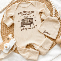 Personalized Baby Bodysuit 'Just Moved Out of Mom's Place', Beige Cowboy Theme Outfit with Custom Name Hat, Soft Cotton Newborn Gift