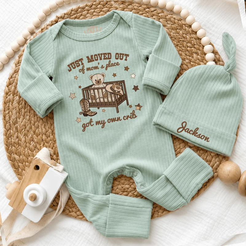 Personalized Baby Bodysuit 'Just Moved Out of Mom's Place', Beige Cowboy Theme Outfit with Custom Name Hat, Soft Cotton Newborn Gift
