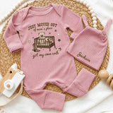 Personalized Baby Bodysuit 'Just Moved Out of Mom's Place', Beige Cowboy Theme Outfit with Custom Name Hat, Soft Cotton Newborn Gift