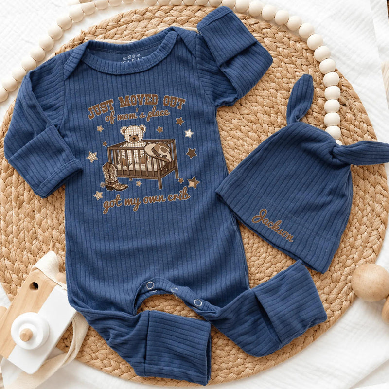 Personalized Baby Bodysuit 'Just Moved Out of Mom's Place', Beige Cowboy Theme Outfit with Custom Name Hat, Soft Cotton Newborn Gift