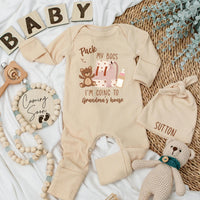 Personalized Baby Bodysuit Pack My Bags I'm Going to Grandma's House Bear Design Newborn Outfit Soft Cotton New Grandparent Gift