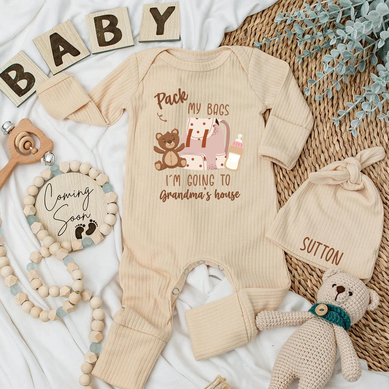 Personalized Baby Bodysuit Pack My Bags I'm Going to Grandma's House Bear Design Newborn Outfit Soft Cotton New Grandparent Gift