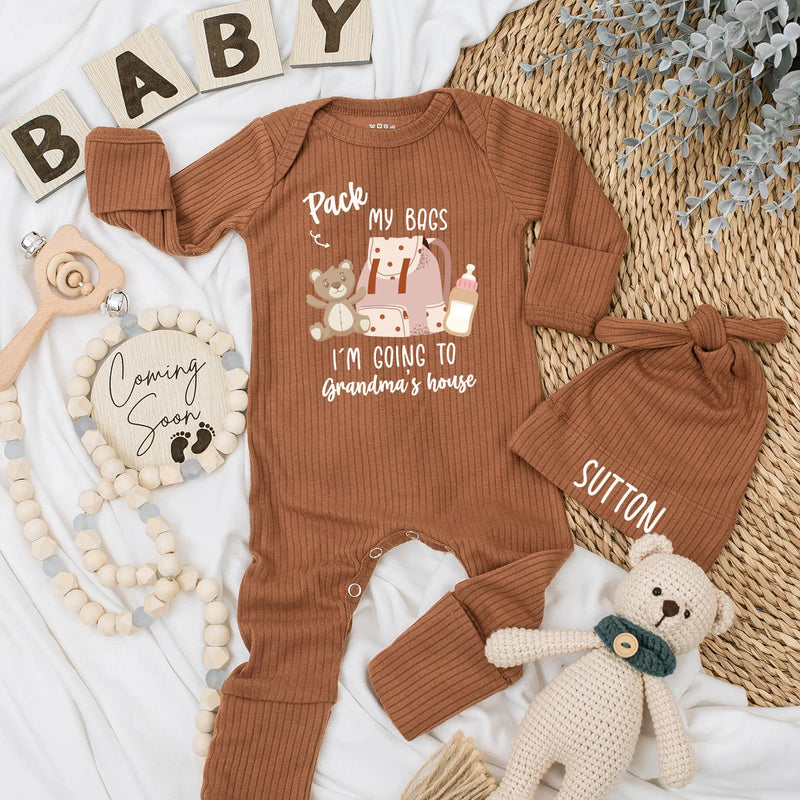 Personalized Baby Bodysuit Pack My Bags I'm Going to Grandma's House Bear Design Newborn Outfit Soft Cotton New Grandparent Gift