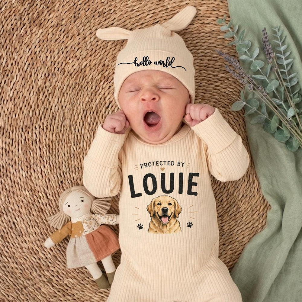 Personalized Baby Bodysuit Protected by Louie Golden Retriever Face Cute Dog Design Soft Cotton Outfit for Infant Toddler Gift Idea