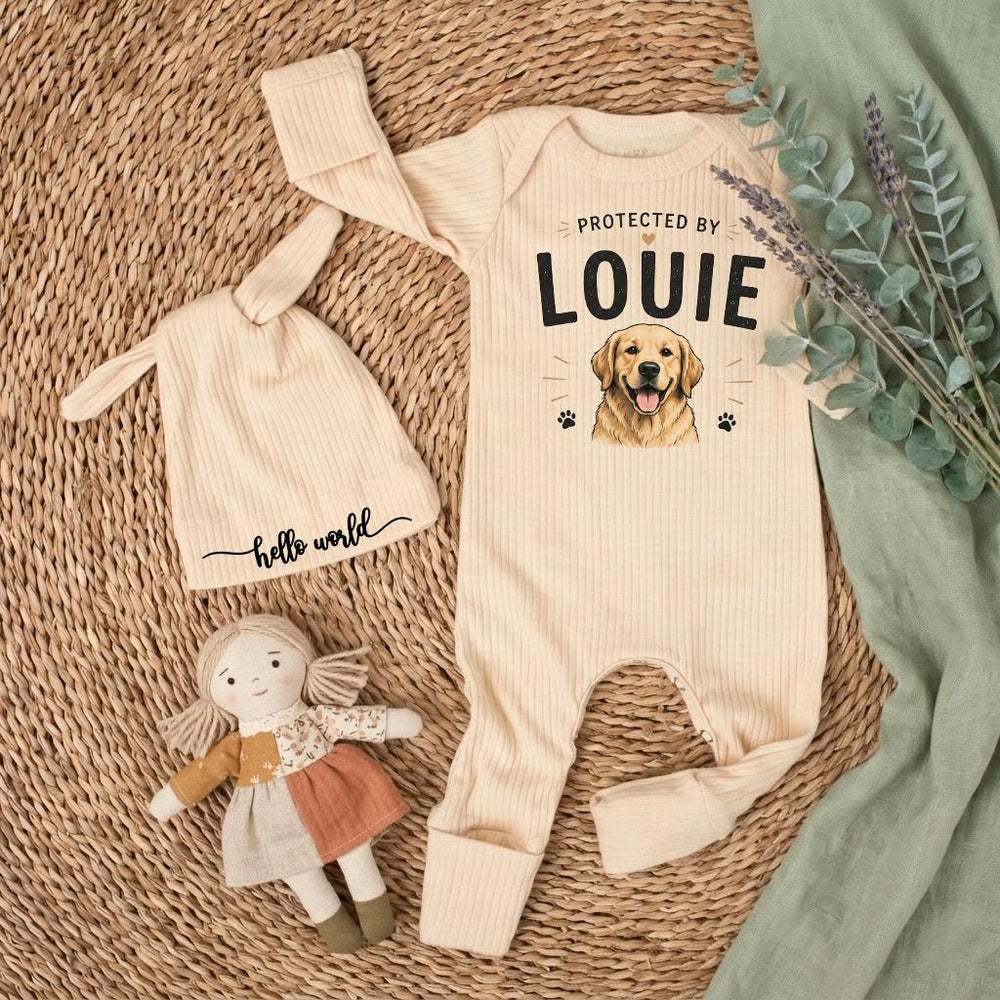 Personalized Baby Bodysuit Protected by Louie Golden Retriever Face Cute Dog Design Soft Cotton Outfit for Infant Toddler Gift Idea