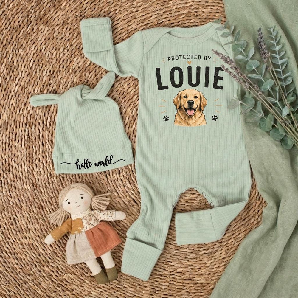 Personalized Baby Bodysuit Protected by Louie Golden Retriever Face Cute Dog Design Soft Cotton Outfit for Infant Toddler Gift Idea