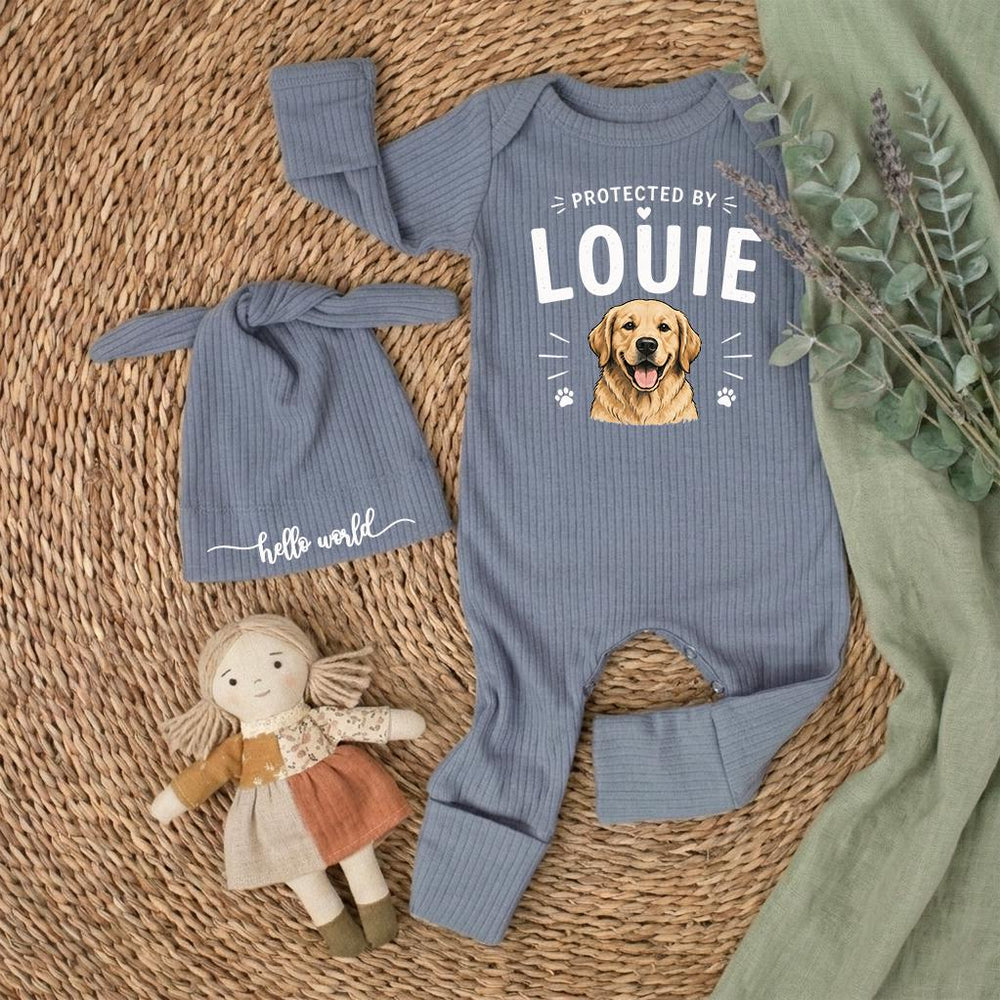 Personalized Baby Bodysuit Protected by Louie Golden Retriever Face Cute Dog Design Soft Cotton Outfit for Infant Toddler Gift Idea