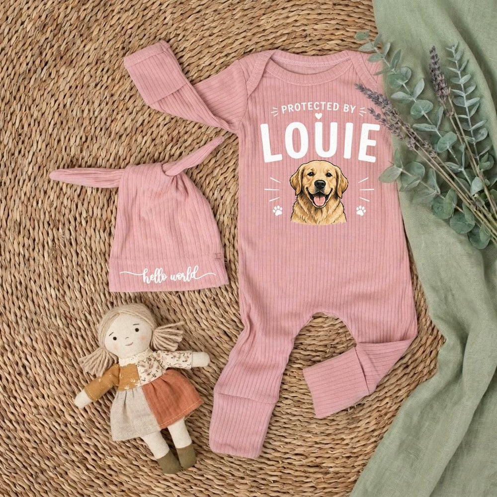 Personalized Baby Bodysuit Protected by Louie Golden Retriever Face Cute Dog Design Soft Cotton Outfit for Infant Toddler Gift Idea