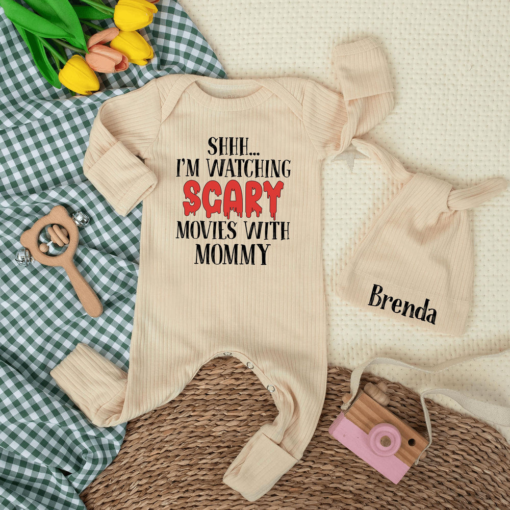 Personalized Baby Bodysuit Scary Movie Design Mommy’s Little Buddy Custom Hat with Name Fun Gift Idea Cotton Outfit for Baby Shower