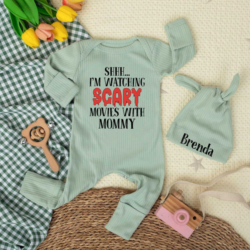 Personalized Baby Bodysuit Scary Movie Design Mommy’s Little Buddy Custom Hat with Name Fun Gift Idea Cotton Outfit for Baby Shower