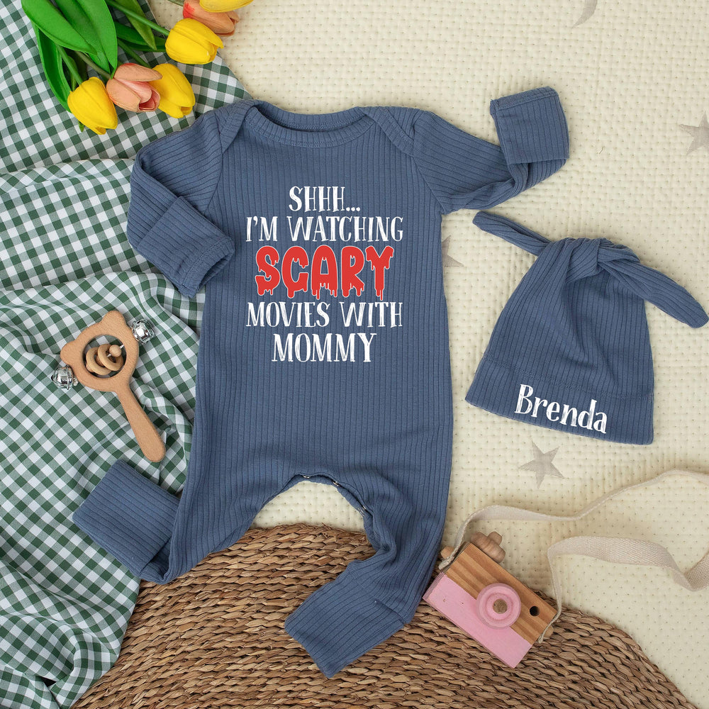 Personalized Baby Bodysuit Scary Movie Design Mommy’s Little Buddy Custom Hat with Name Fun Gift Idea Cotton Outfit for Baby Shower