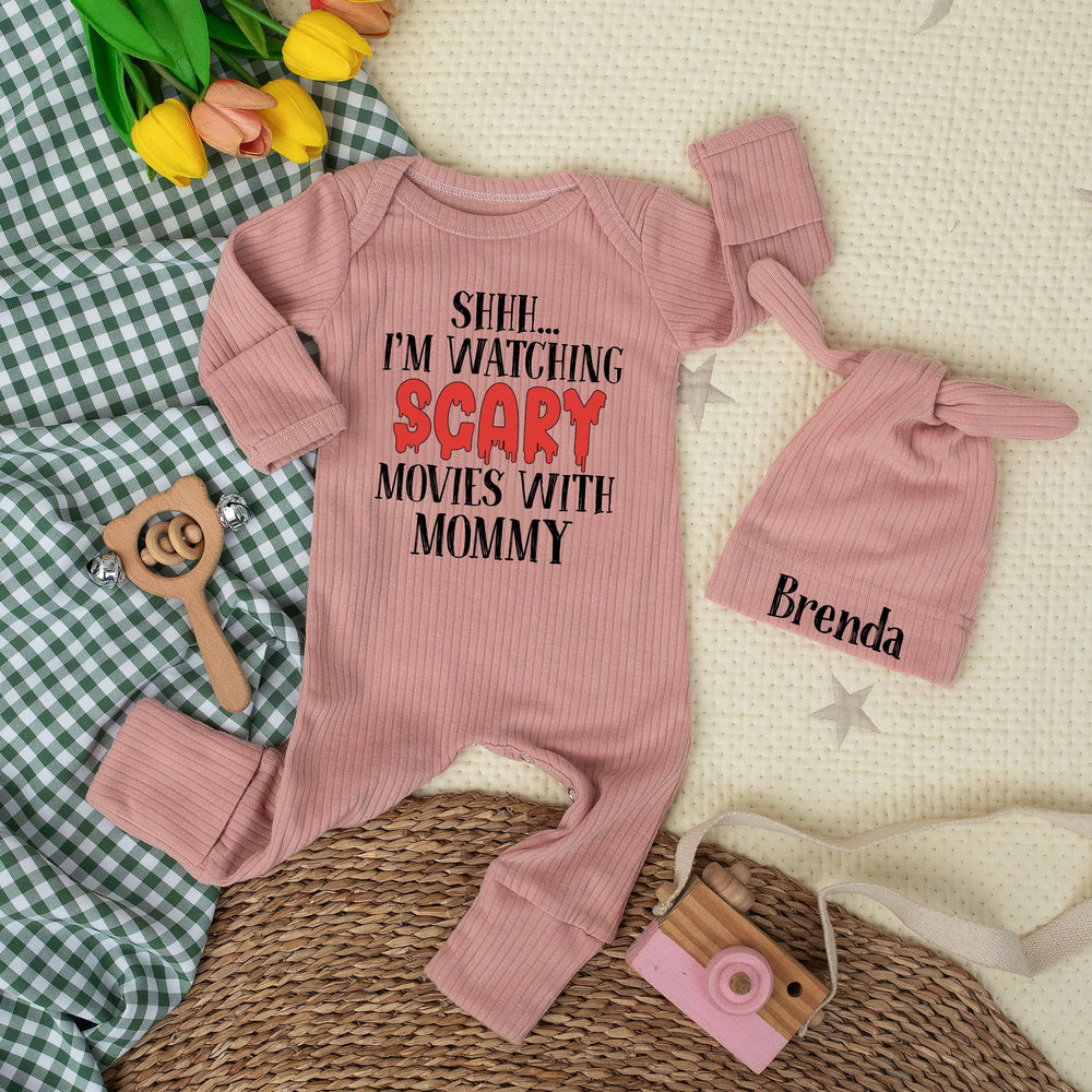 Personalized Baby Bodysuit Scary Movie Design Mommy’s Little Buddy Custom Hat with Name Fun Gift Idea Cotton Outfit for Baby Shower