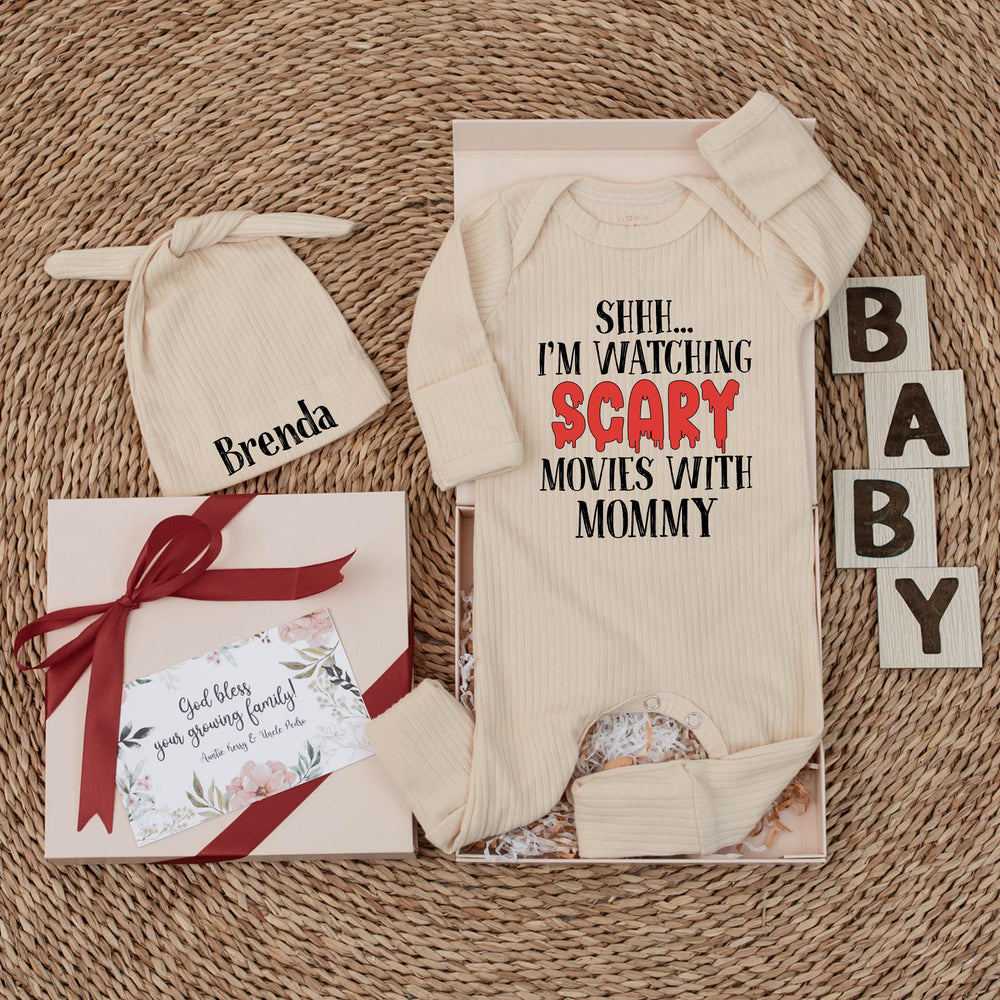 Personalized Baby Bodysuit Scary Movie Design Mommy’s Little Buddy Custom Hat with Name Fun Gift Idea Cotton Outfit for Baby Shower