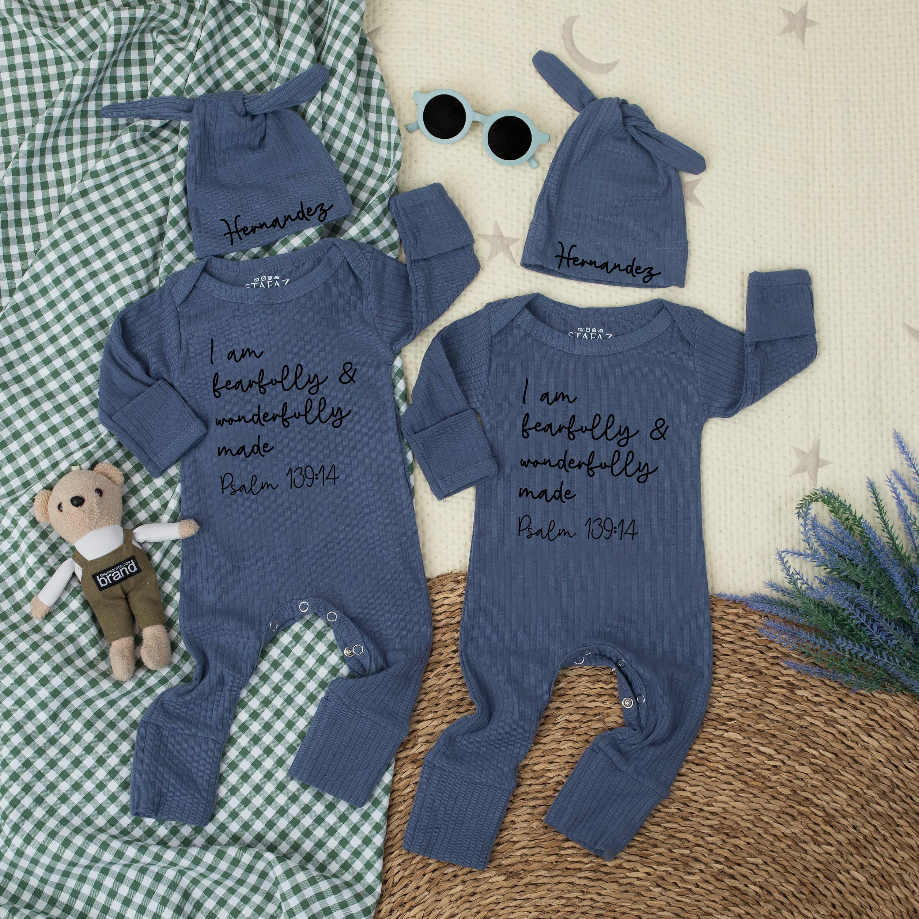 Personalized Baby Bodysuit Set with Psalm 139:14 Script Quote Minimalist Design Cotton Newborn Romper and Hat Baby Shower Gift
