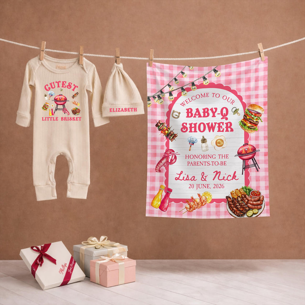 Personalized Baby Q Bodysuit and Welcome Sign BBQ Baby Shower Decor Summer Gift with Grill Food Design Custom Infant Party Set