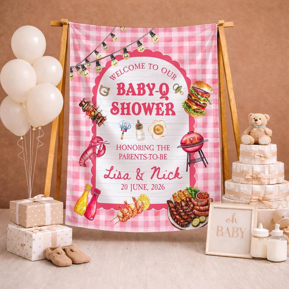 Personalized Baby Q Bodysuit and Welcome Sign BBQ Baby Shower Decor Summer Gift with Grill Food Design Custom Infant Party Set