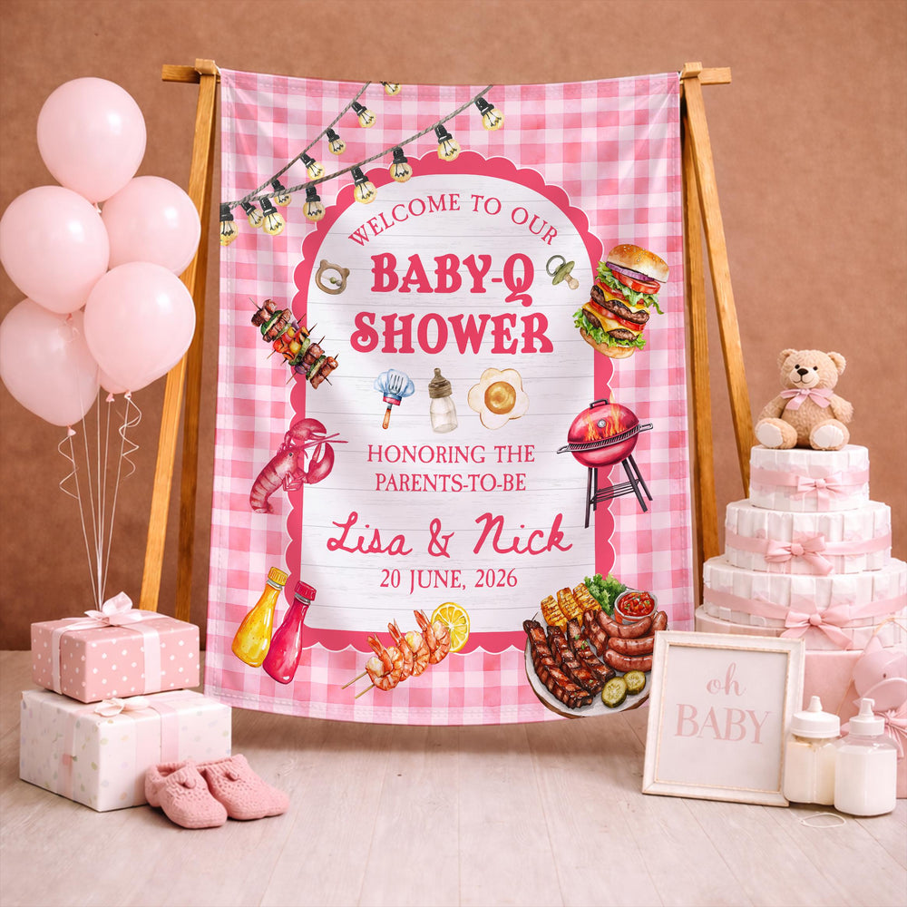 Personalized Baby Q Bodysuit and Welcome Sign BBQ Baby Shower Decor Summer Gift with Grill Food Design Custom Infant Party Set