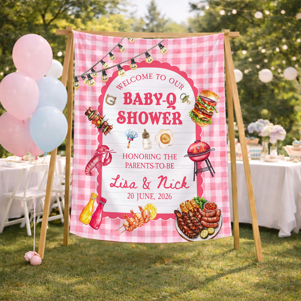 Personalized Baby Q Bodysuit and Welcome Sign BBQ Baby Shower Decor Summer Gift with Grill Food Design Custom Infant Party Set