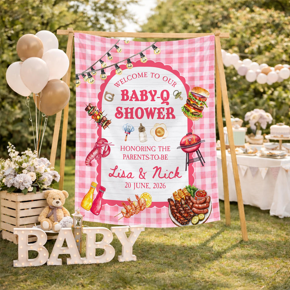 Personalized Baby Q Bodysuit and Welcome Sign BBQ Baby Shower Decor Summer Gift with Grill Food Design Custom Infant Party Set