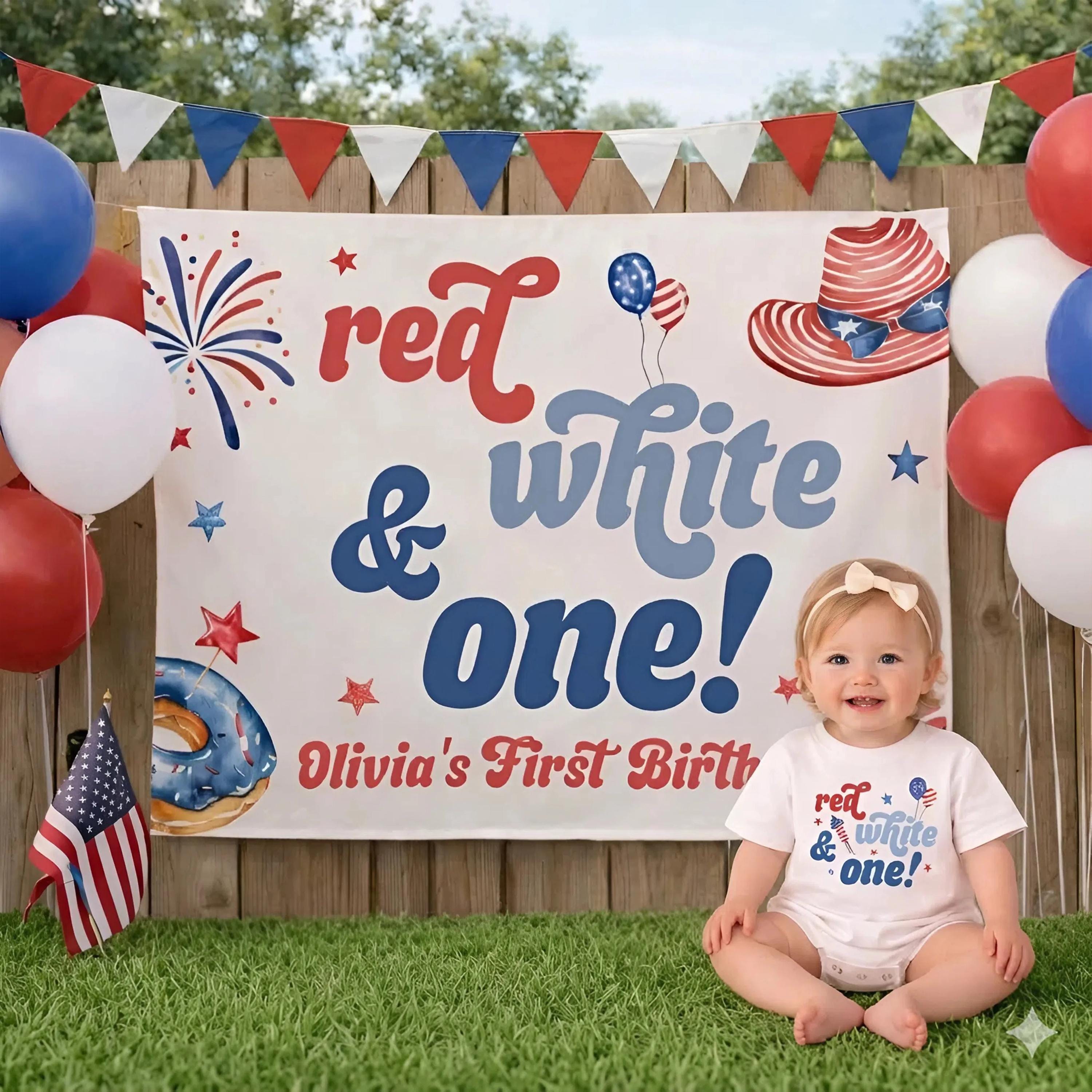Personalized Baby Boy 1st Birthday Outfit with Patriotic Red White and Blue Design Festive Romper and Silk Banner for 4th of July Party