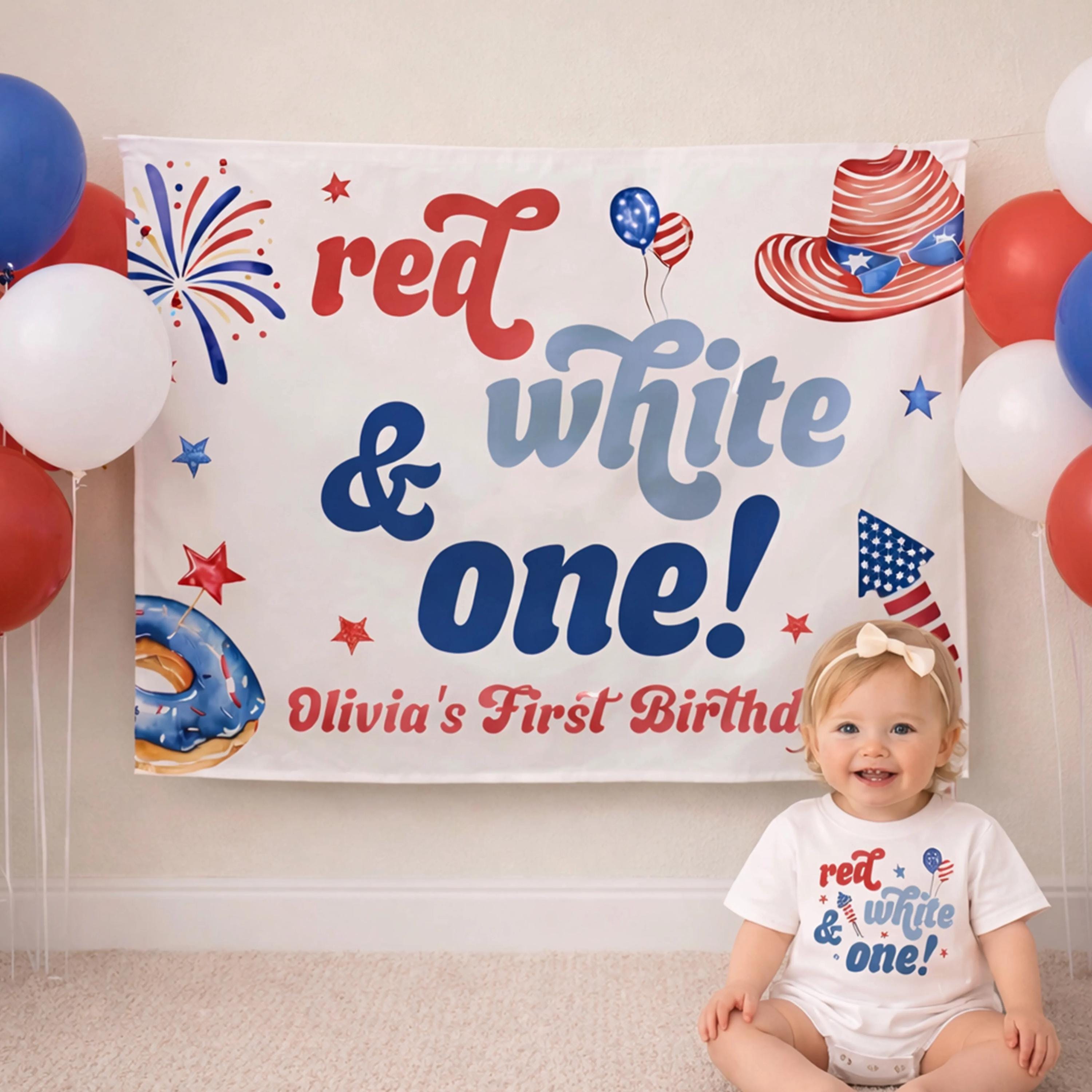 Personalized Baby Boy 1st Birthday Outfit with Patriotic Red White and Blue Design Festive Romper and Silk Banner for 4th of July Party