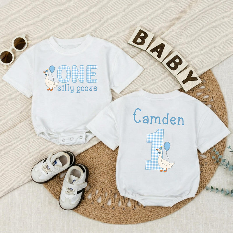 Personalized Baby Boy 1st Birthday Romper with Funny Goose Design Light Blue Gingham Pattern Cake Smash Outfit Celebration Gift