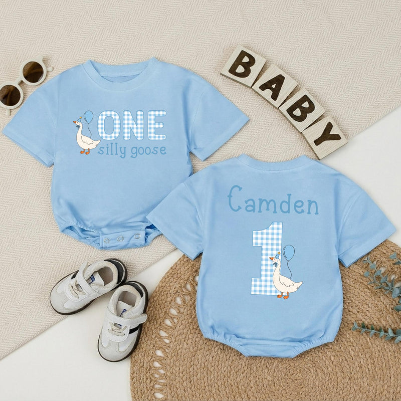 Personalized Baby Boy 1st Birthday Romper with Funny Goose Design Light Blue Gingham Pattern Cake Smash Outfit Celebration Gift