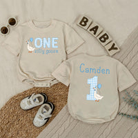 Personalized Baby Boy 1st Birthday Romper with Funny Goose Design Light Blue Gingham Pattern Cake Smash Outfit Celebration Gift
