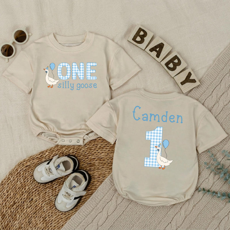 Personalized Baby Boy 1st Birthday Romper with Funny Goose Design Light Blue Gingham Pattern Cake Smash Outfit Celebration Gift