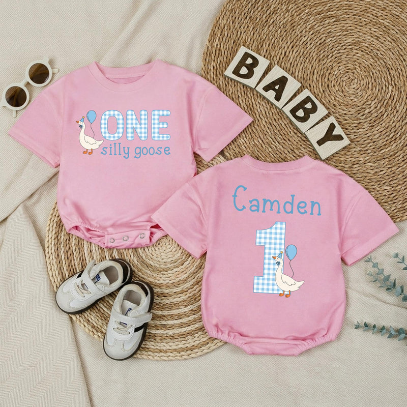 Personalized Baby Boy 1st Birthday Romper with Funny Goose Design Light Blue Gingham Pattern Cake Smash Outfit Celebration Gift