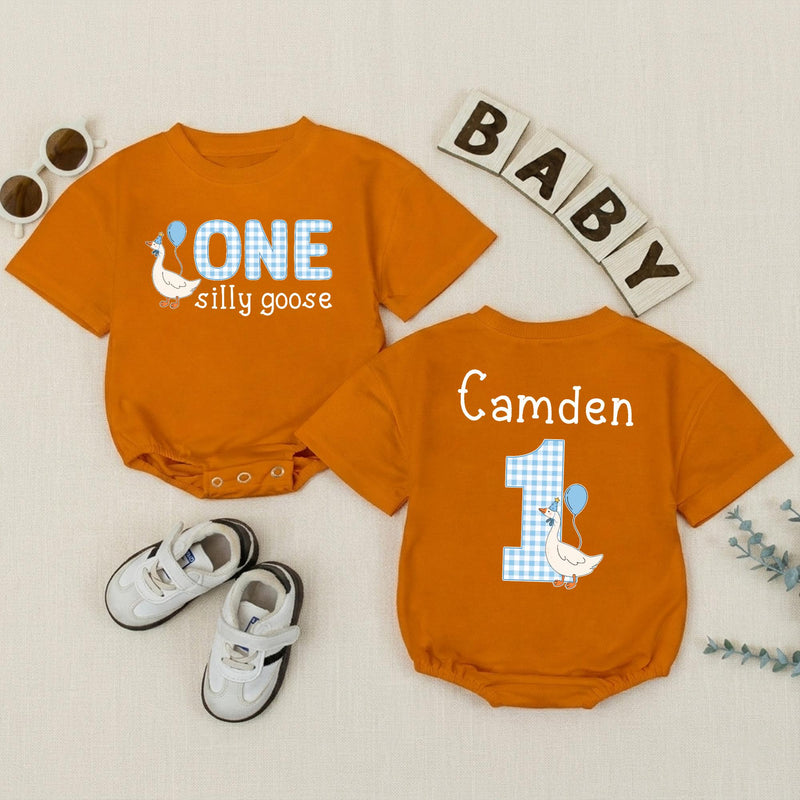 Personalized Baby Boy 1st Birthday Romper with Funny Goose Design Light Blue Gingham Pattern Cake Smash Outfit Celebration Gift