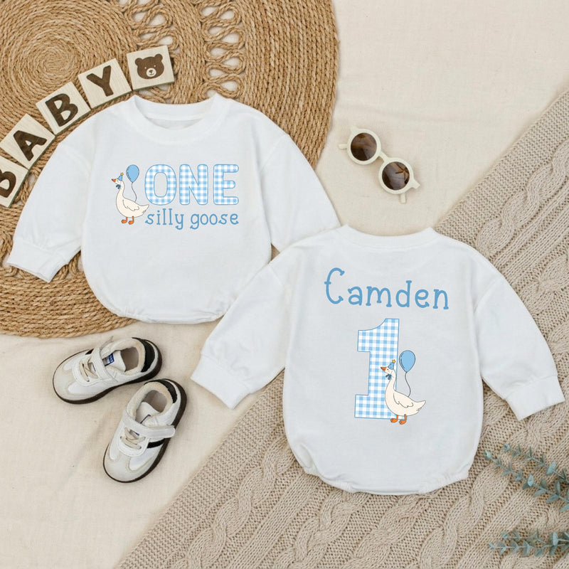 Personalized Baby Boy 1st Birthday Romper with Funny Goose Design Light Blue Gingham Pattern Cake Smash Outfit Celebration Gift
