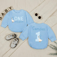 Personalized Baby Boy 1st Birthday Romper with Funny Goose Design Light Blue Gingham Pattern Cake Smash Outfit Celebration Gift