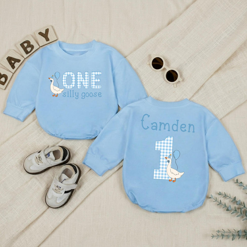 Personalized Baby Boy 1st Birthday Romper with Funny Goose Design Light Blue Gingham Pattern Cake Smash Outfit Celebration Gift