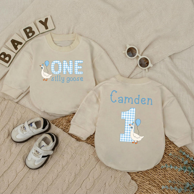 Personalized Baby Boy 1st Birthday Romper with Funny Goose Design Light Blue Gingham Pattern Cake Smash Outfit Celebration Gift