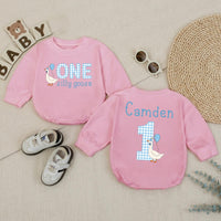 Personalized Baby Boy 1st Birthday Romper with Funny Goose Design Light Blue Gingham Pattern Cake Smash Outfit Celebration Gift
