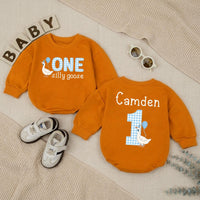 Personalized Baby Boy 1st Birthday Romper with Funny Goose Design Light Blue Gingham Pattern Cake Smash Outfit Celebration Gift