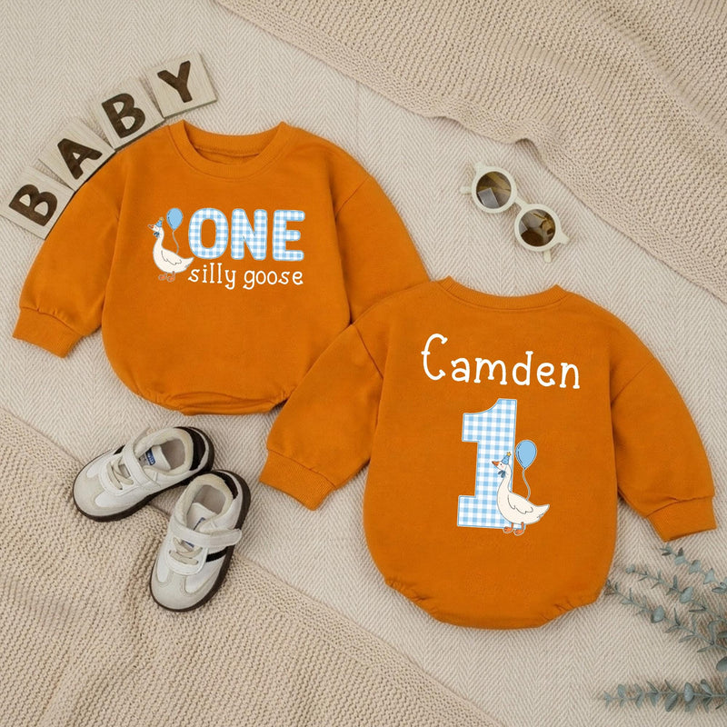 Personalized Baby Boy 1st Birthday Romper with Funny Goose Design Light Blue Gingham Pattern Cake Smash Outfit Celebration Gift