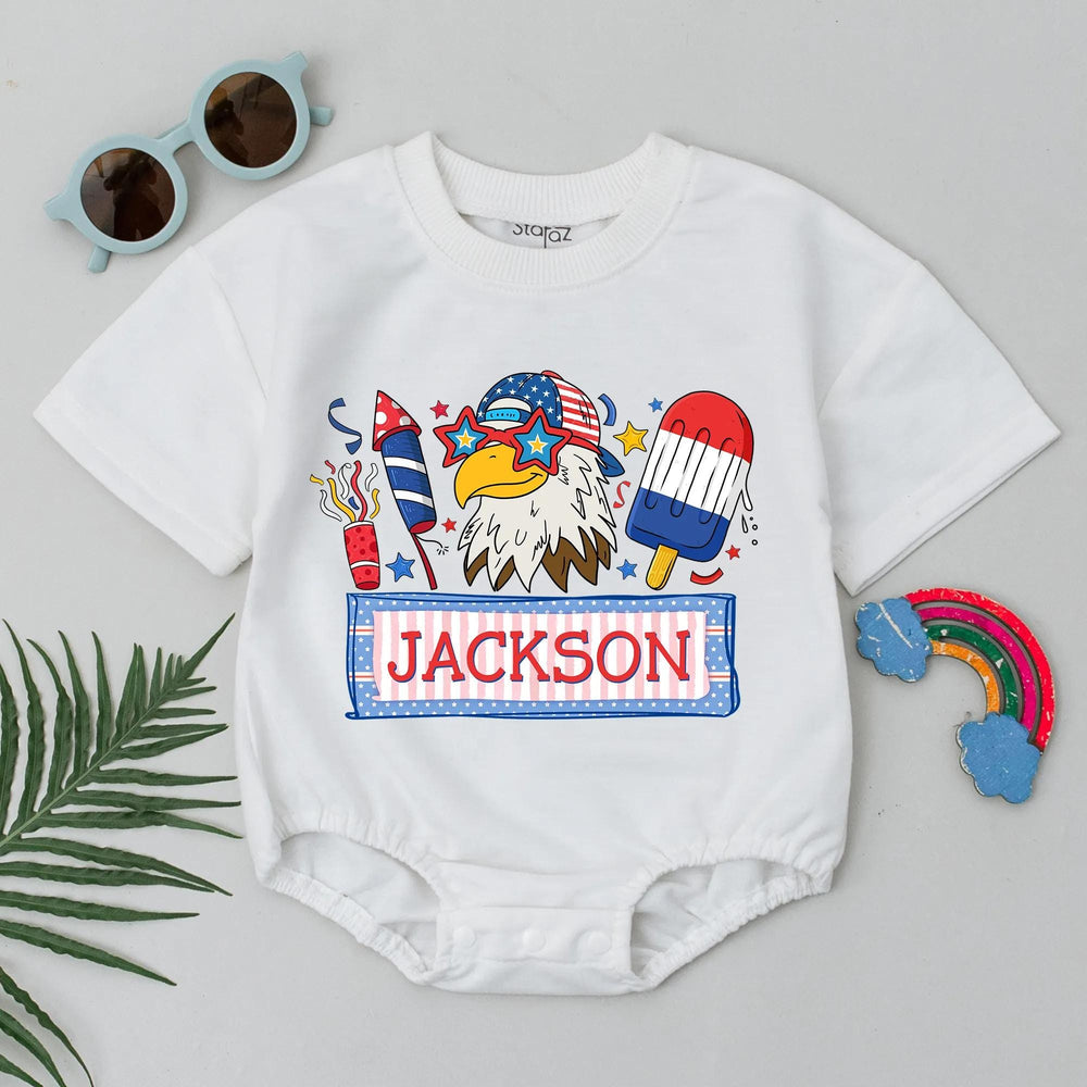 Personalized Baby Boy 4th of July Romper with Eagle Design, Custom Name Outfit for Newborns Featuring Fireworks and Patriotic Popsicle