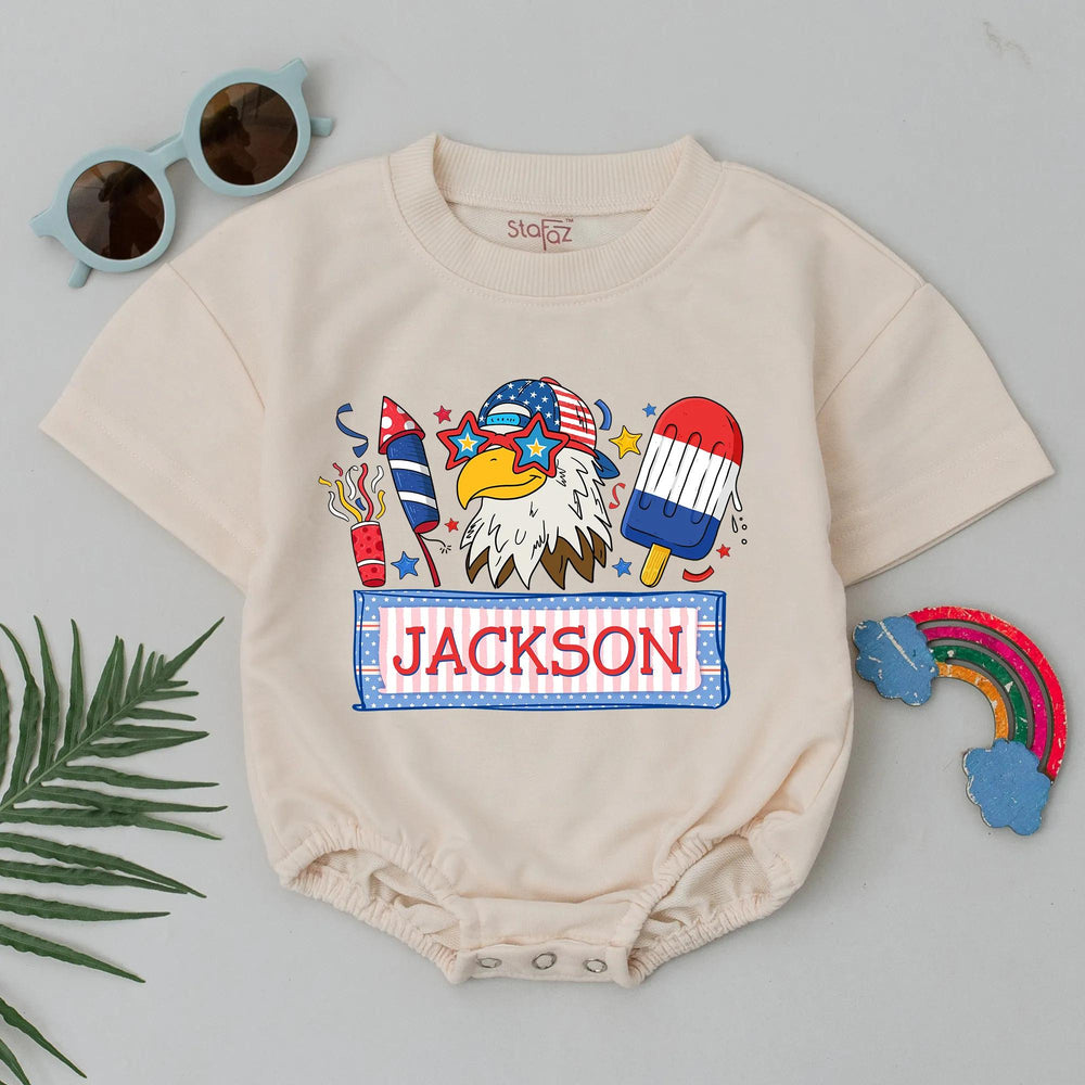 Personalized Baby Boy 4th of July Romper with Eagle Design, Custom Name Outfit for Newborns Featuring Fireworks and Patriotic Popsicle