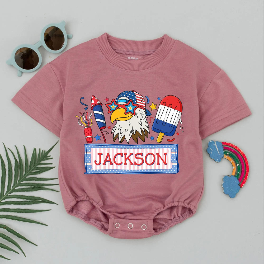 Personalized Baby Boy 4th of July Romper with Eagle Design, Custom Name Outfit for Newborns Featuring Fireworks and Patriotic Popsicle