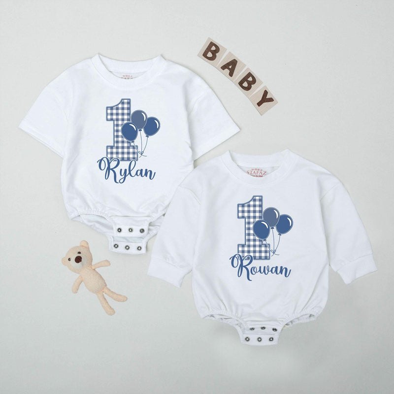 Personalized Baby Boy Birthday Romper with Blue Gingham and Balloons First Birthday Outfit Smash Cake Bodysuit Gift for Baby Shower