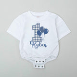 Personalized Baby Boy Birthday Romper with Blue Gingham and Balloons First Birthday Outfit Smash Cake Bodysuit Gift for Baby Shower