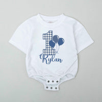 Personalized Baby Boy Birthday Romper with Blue Gingham and Balloons First Birthday Outfit Smash Cake Bodysuit Gift for Baby Shower