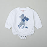 Personalized Baby Boy Birthday Romper with Blue Gingham and Balloons First Birthday Outfit Smash Cake Bodysuit Gift for Baby Shower